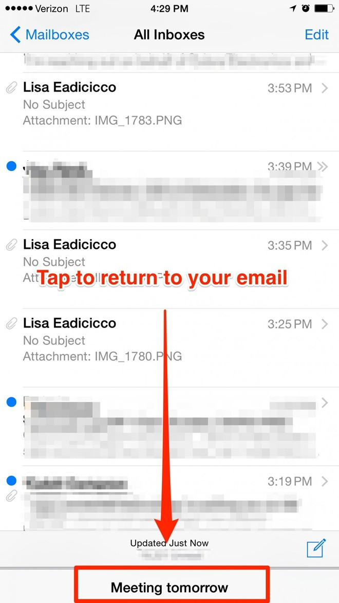 5. "Đa nhiệm" trong Email. Trong lúc đang soạn mail nhưng muốn quay lại Inbox để kiểm tra lại những thư khác, người dùng có thể nhấp vào phần trên của khung soạn thảo, kéo thả về phía cạnh dưới màn hình. Khi cần quay trở lại, người dùng chỉ cần nhấp vào thanh tiêu đề.