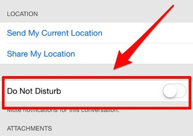 7. Tắt thông báo từng tin nhắn riêng lẻ. Với những cuộc hội thoại trong iMessage mà tiếng chuông hoặc rung của iPhone có thể gây khó chịu, hãy chọn "Do Not Disturb" trong mục "Details".