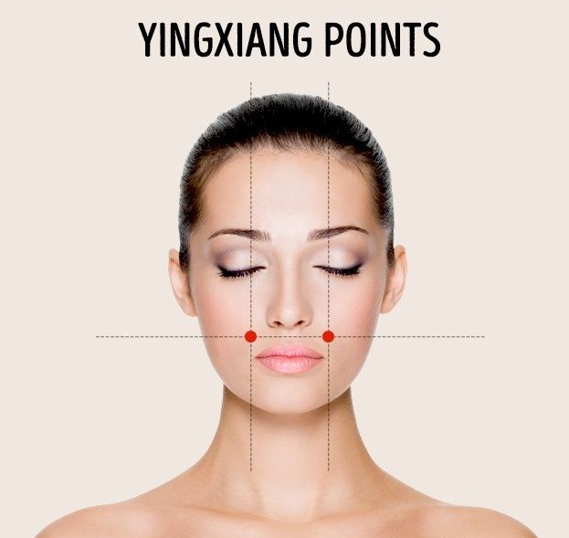 Huyệt nghinh hương: Huyệt nằm ở giao điểm của đường ngang qua chân cánh mũi và rãnh mũi miệng, có tác dụng làm cho mũi được thông. Bạn còn có thể xác định huyệt này bằng cách sờ thấy chỗ trũng ở phần cuối xương gò má.