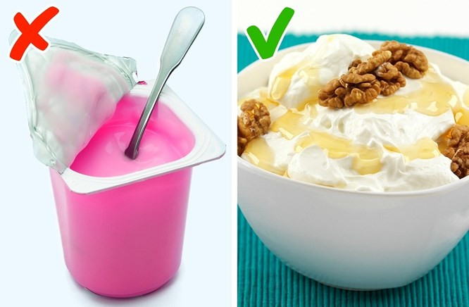 2. Sữa chua Mặc dù ý tưởng sữa chua kết hợp với trái cây cho bữa ăn sáng khá lành mạnh và giúp giảm cân, nhưng không phải tất cả các loại sữa chua đều là lựa chọn tốt. Các loại sữa chua bán trên thị trường có đủ loại, từ sữa chua có đường cho đến sữa chua tách béo. Với sữa chua tách béo, để bù cho lượng chất béo mất đi, người ta thường sẽ phải bổ sung thêm chất tạo ngọt nhân tạo. Do đó, về cơ bản là không có loại sữa chua nào có đủ protein cho cơ thể. Lựa chọn an toàn nhất chính là mua sữa chua tự nhiên kiểu Hy Lạp và dùng kèm mật ong hoặc trái cây để tăng vị ngọt.
