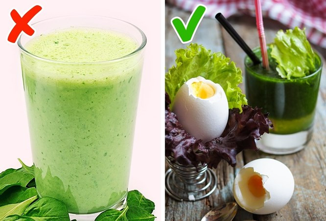 10. Sinh tố Không có gì sai khi dùng một cốc sinh tố cho bữa ăn sáng, nhưng chỉ khi nó được cân bằng chính xác và kết hợp với các loại thực phẩm khác. Sau khi uống một cốc sinh tố, bạn có thể cảm thấy no, nhưng kỳ thực lượng calo và protein bạn nhận được rất ít. Để giải quyết vấn đề này, có thể bổ sung thêm protein và chất béo vào sinh tố như sữa chua hoặc bơ.