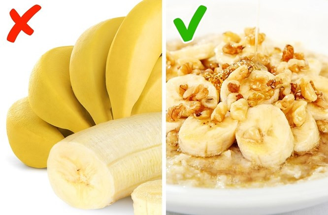 1. Chuối Mặc dù có một chế độ ăn uống cụ thể được gọi là chế độ ăn chuối buổi sáng, thúc đẩy ăn nhiều chuối cho bữa ăn sáng, tuy nhiên, ăn chuối khi dạ dày còn trống có thể không phải là ý tưởng tốt nhất. Đúng là chuối có chứa nhiều kali, chất xơ và magie, nhưng chúng cũng có tính axit và chứa nhiều đường. Ăn thực phẩm có tính axit lúc bụng đói có thể gây vấn đề về đường ruột, và tăng cường đường vào buổi sáng có thể làm cho bạn cảm thấy buồn ngủ và tiêu hao năng lượng chỉ sau vài giờ đồng hồ. Bạn nên trộn chuối với các loại thực phẩm khác.