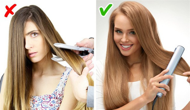 1. Ép tóc Việc ép tóc sẽ khiến tóc bị phai màu, giòn và mỏng hơn nhiều. Các biện pháp bảo vệ khi ép tóc đều gần như không có tác dụng, hoặc có cũng chỉ kéo dài trong thời gian ngắn. Nếu muốn tóc thẳng, bạn có thể dùng máy duỗi tóc. Nhưng trước đó, hãy phun xịt bảo vệ tóc chống lại nhiệt độ cao đã nhé.