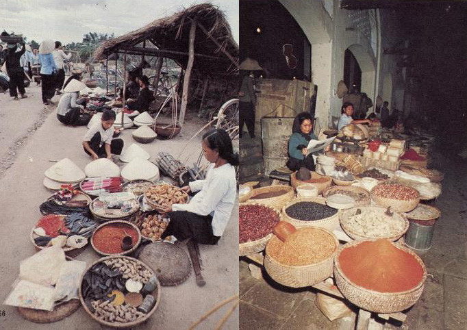 Một góc chợ quê (ảnh trái) và chợ Đồng Xuân ở Hà Nội (ảnh phải).