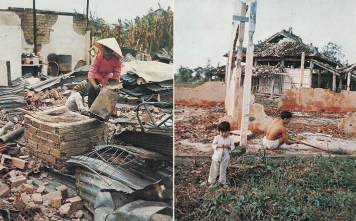 Khi nhà cửa bị phá hủy do bom đạn, người dân miền Nam Việt Nam lại chọn những viên gạch còn lành để sau này xây lại.