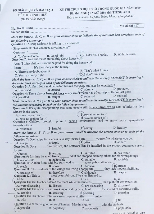 Mã đề 417 môn tiếng Anh kỳ thi THPT quốc gia 2019.