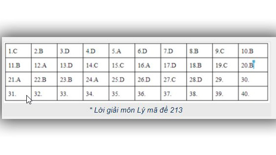 Đáp án môn Vật lý - mã đề 213.