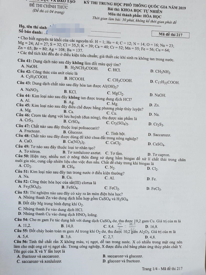 Đề thi môn Hóa học - mã đề 217 - trang 1.
