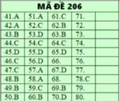 Đáp án môn Hóa học - mã đề 206.