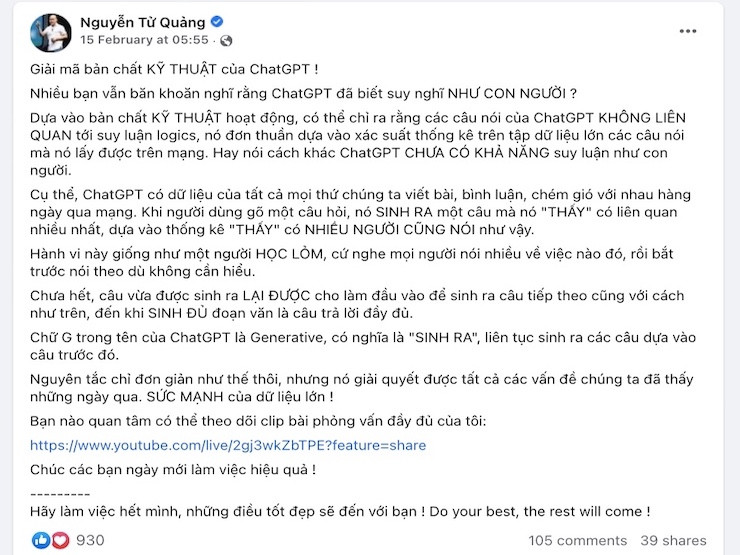 CEO Bkav Nguyễn Tử Quảng:ChatGPT chỉ như "người học lỏm" ảnh 1 CEO Bkav Nguyễn Tử Quảng:ChatGPT chỉ như "người học lỏm" ảnh 1