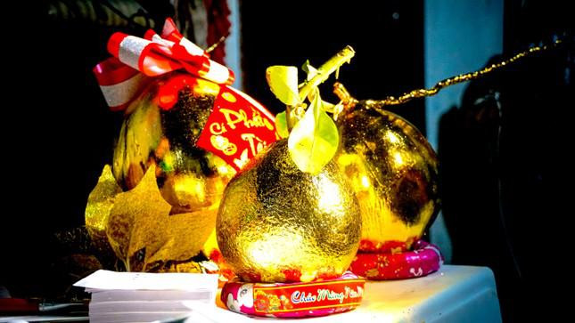 Trái cây dát vàng sau khi thành phẩm. Những ngày cận Tết Quý Mão 2023, chị Phước đang tất bật ngày đêm để hoàn thành 100 cặp dừa, bưởi theo đơn đặt hàng của khách. Theo đó, dừa dát vàng có giá dao động từ 200.000 - 300.000 đồng/cặp, bưởi dát vàng có giá từ 300.000 - 370.000 đồng/cặp.