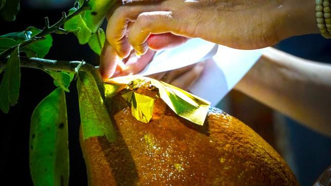 Tùy theo kích thước trái, chị Phước sẽ dùng khoảng 50 – 55 miếng lá vàng (loại lá khổ 9x9cm) để phủ đều lên bề mặt.