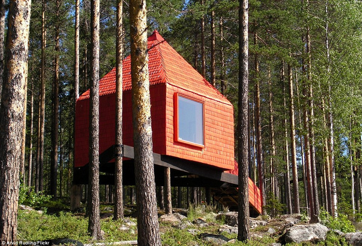 Khách sạn trên cây có màu đỏ nổi bật do công ty SandellSandberg thiết kế và xây dựng tại Mirrorcube, Thụy Điển.