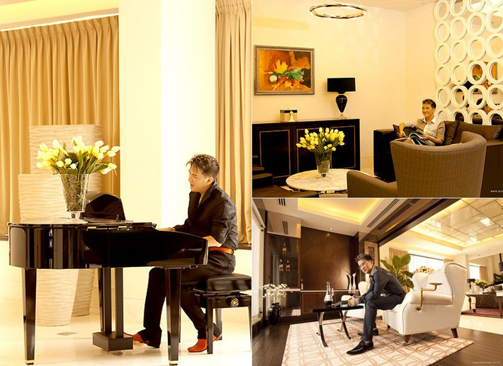 Những đường nét kiến trúc chính trong penthouse đa phần là hình khối vuông vức, màu sắc của các vật dụng trong căn hộ cũng tuân theo phong cách thiết kế này, đặc biệt căn hộ được trang trí toàn là hoa màu trắng theo đúng phong cách của Đàm Vĩnh Hưng.