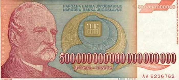 Đồng tiền giấy mệnh giá cao nhất năm 1988 của Nam Tư là 50.000 dinara (đơn vị tiền tệ) đã thay đổi lên tới 500.000.000.000 dinara vào năm 1994.