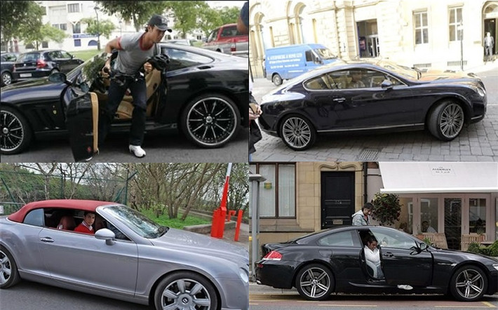 Ronaldo được xem là 1 tay chơi xe thực thụ và sành điệu. Bộ sưu tập xe của anh gồm gần 20 chiếc xe sang đến từ các thương hiệu nổi tiếng thế giới. Ảnh: Từ trái sang phải là chiếc Ferrari F430 giá 300.000 USD, Bentley GT Speed giá 220.000 USD, Bentley Continental GTC giá 195.000 USD và BMW X6 giá 102.000 USD.