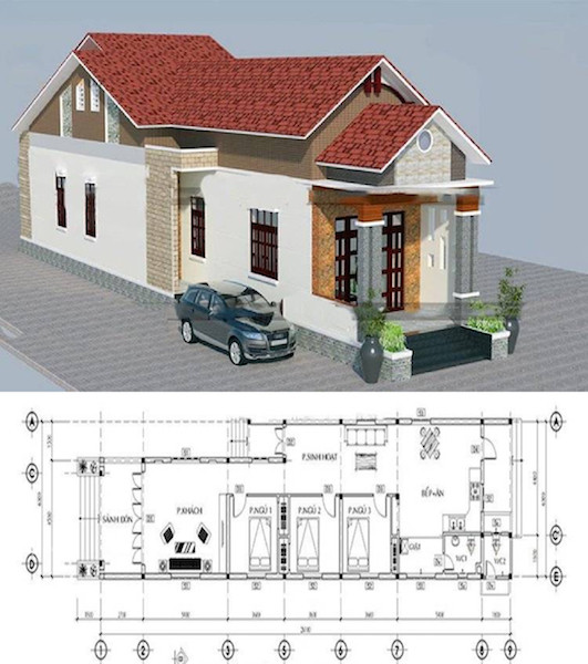 Mẫu nhà này gam trắng chủ đạo, mái thái cách tân giúp tăng sức hút. Thiết kế gồm: Sân trước, phòng khách, phòng sinh hoạt chung, phòng bếp kết hợp phòng ăn, 3 phòng ngủ, 2 WC, phòng giặt phơi, sân sau