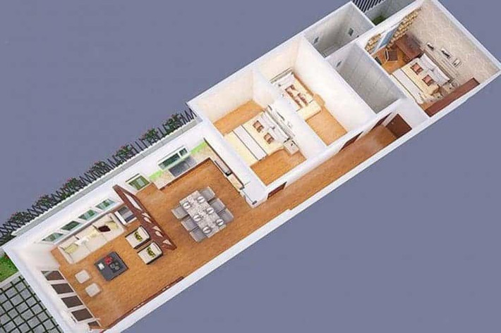 Căn nhà này thiết kế nội thất theo phong cách hiện đại, phòng khách và phòng bếp được bố trí ở phía ngoài, còn 3 phòng ngủ đặt ở sâu bên trong