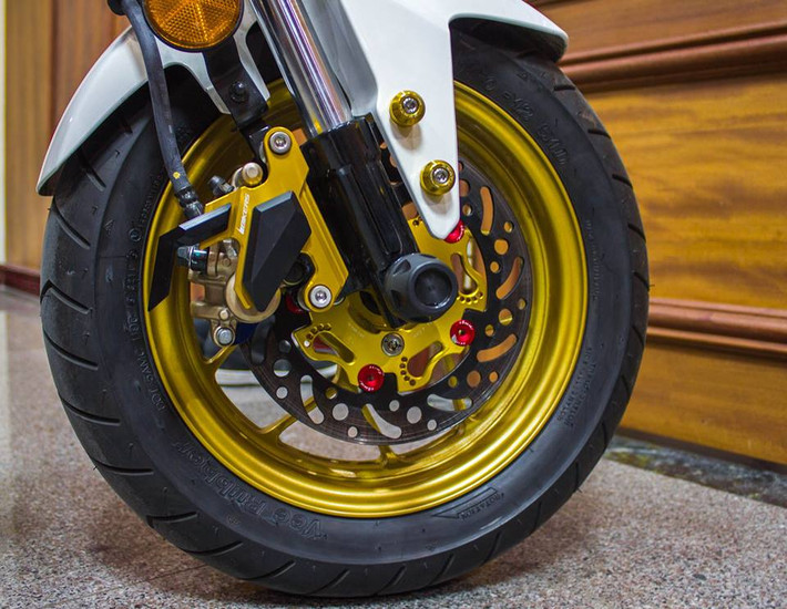 Chân trước cũng được gắn vô số đồ chơi như che heo Bikers, dĩa trước Boushi Racing có kiểu dáng giống Brake Tech. Nguồn ảnh: Le Eagle.