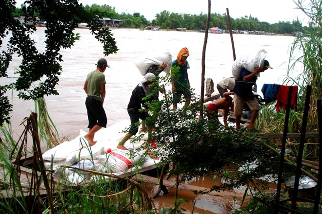 Các tay đầu nậu buôn đường thuê tiền công vận chuyển từ bên kia biên giới qua tận nhà kho phía An Giang bên này biên giới khoảng 30.000 đồng/bao.