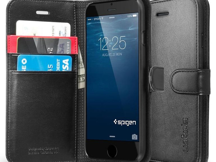 Spigen Wallet làm từ chất liệu da, nhấn mạnh vào khả năng chống va đập và bụi cho điện thoại. Ngoài ra, hãng sản xuất thiết kế cho vỏ ngăn chứa card, thẻ ATM khá tiện lợi. Giá của Spigen Wallet là 15 USD (khoảng 300 nghìn).