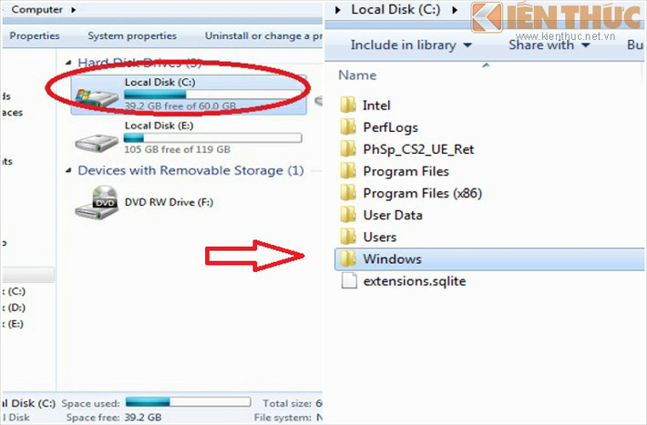 Cách 3: Vào ổ C -> tìm mục Windows .