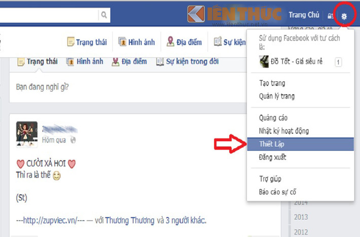 Ngoài ra để đề phòng bị nhiễm mã độc, bạn nên kiểm soát việc bị tag trên Facebook. Bấm vào mục Thiết lập (Settings).