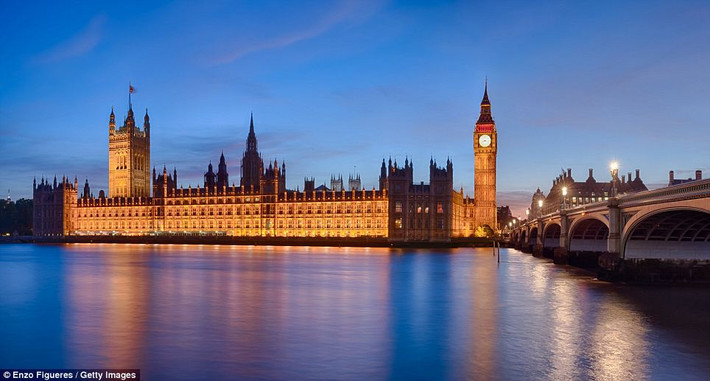 Toàn cảnh tháp đồng hồ Big Ben, tòa nhà Quốc hội London và cây cầu Westminster nổi tiếng lung lung trong đêm.