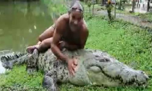 Choáng người đàn ông ôm hôn, âu yếm cá sấu khổng lồ