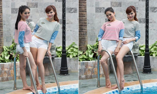 Lệ Quyên - Vũ Thu Phương khoe chân dài bên hồ bơi