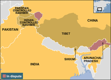 Khu vực in màu đỏ là lãnh thổ trranh chấp giữa Trung Quốc và Ấn Độ.