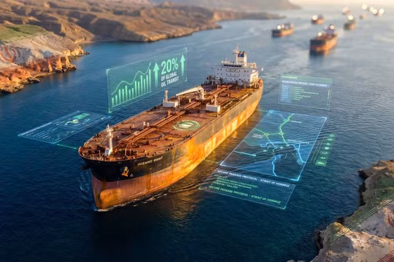 Tàu chở dầu di chuyển qua eo biển Hormuz - tuyến hàng hải chiến lược vận chuyển khoảng 1/5 lượng dầu toàn cầu.