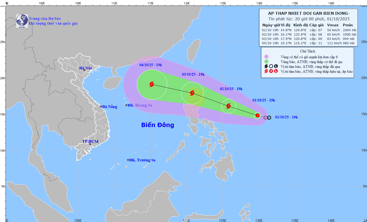 Bản đồ dự báo quỹ đạo và cường độ áp thấp nhiệt đới lúc 20h ngày 1/10. Ảnh: Nchmf