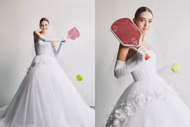 Vợ Tây của Bùi Tiến Dũng diện váy cưới chơi Pickleball