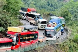 Lật xe gỗ, đường lên Cửa khẩu La Lay bị ách tắc