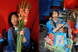 Nhóm bạn trẻ chụp ảnh Tết cho những cô chú lao động trên phố