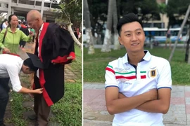 Nam sinh cúi người mặc áo cử nhân cho ông nội trong lễ tốt nghiệp