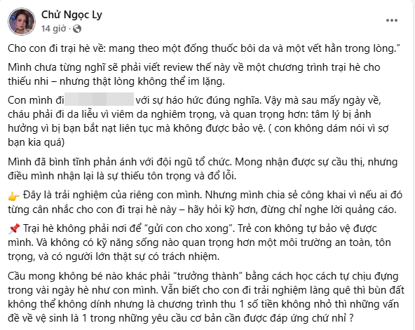 Bài đăng chia sẻ về trải nghiệm của phụ huynh về trại hè đang thu hút sự chú ý của cộng đồng mạng trai-he.png