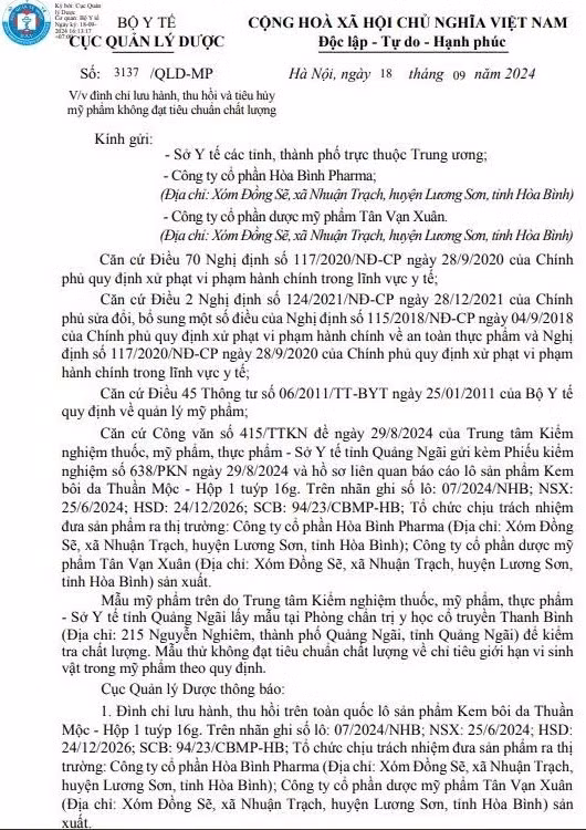Công văn số 3137/QLD-MP ngày 18/9/2024 của Cục Quản lý Dược về việc đình chỉ lưu hành, thu hồi và tiêu hủy mỹ phẩm không đạt tiêu chuẩn chất lượng của Công ty Cổ phần Hòa Bình Pharma và Công ty Cổ phần dược mỹ phẩm Tân Vạn Xuân. Ảnh chụp màn hình
