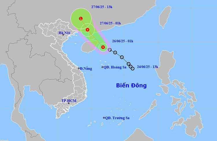 Đường đi và vị trí của áp thấp nhiệt đới ngày 26/6. Ảnh: thoitietvietnam