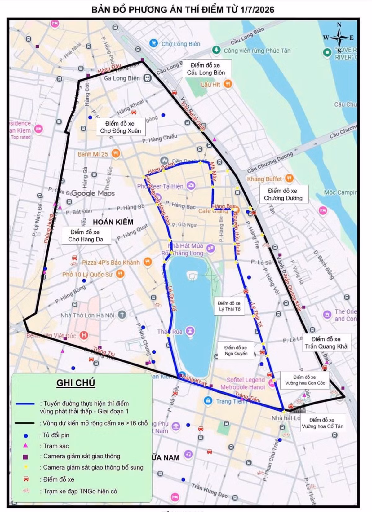 Vạch màu xanh là các tuyến đường dự kiến thí điểm vùng phát thải thấp từ 1/7/2026. Nguồn: Theo dự thảo đề án/danviet.vn