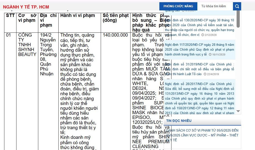 Thanh tra Sở Y tế TP HCM công khai quyết định xử lý vi phạm đối với Công ty TNHH Shynh Beauty/Ảnh: Chụp màn hình 11.jpg