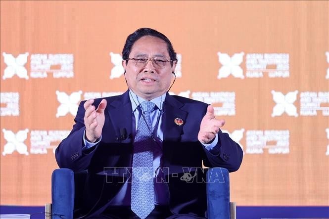 Thủ tướng Phạm Minh Chính tham dự Phiên Đối thoại Cấp cao tại Hội nghị Thượng đỉnh Kinh doanh và Đầu tư ASEAN (ABIS). Ảnh: Dương Giang/TTXVN