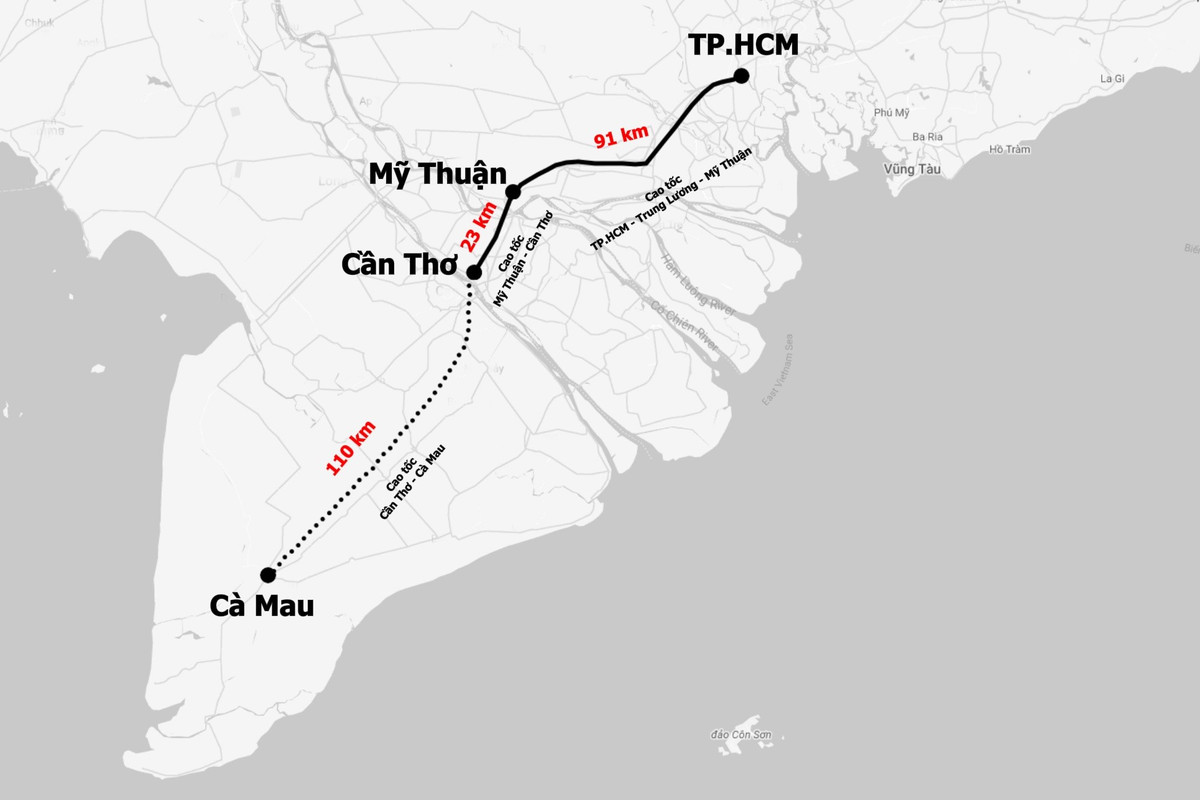 Hướng tuyến cao tốc Cần Thơ - Cà Mau. Đồ họa: Quỳnh Danh.