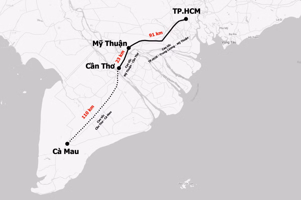 Hướng tuyến cao tốc Cần Thơ - Cà Mau. Đồ họa: Quỳnh Danh.