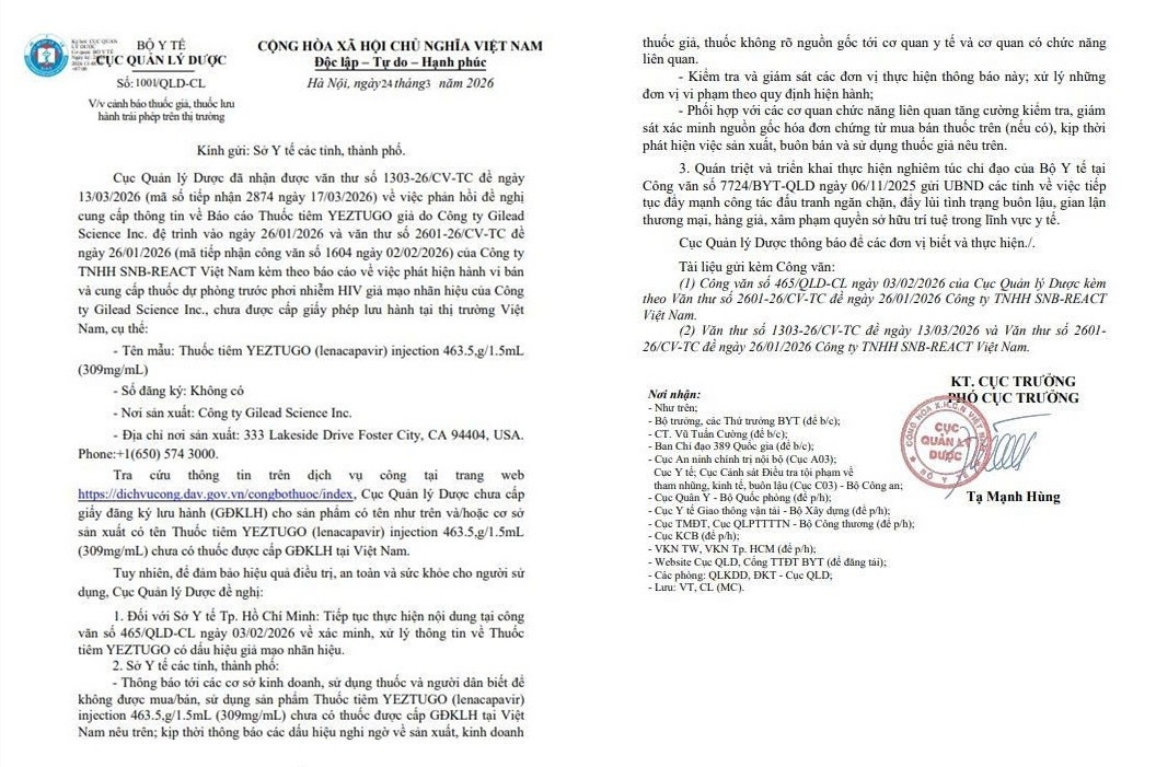 Công văn số của Cục Quản lý Dược về việc cảnh báo thuốc tiêm YEZTUGO giả, lưu hành trái phép trên thị trường