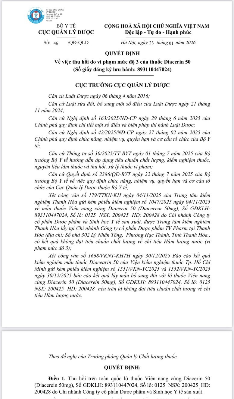 Cục Quản lý Dược thu hồi lô thuốc Diacerin 50 do vi phạm chất lượng ảnh 2