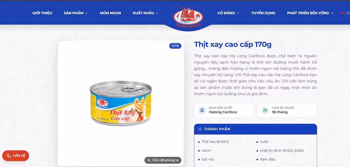 Một sản phẩm đồ hộp của Halong Canfoco. Ảnh chụp màn hình