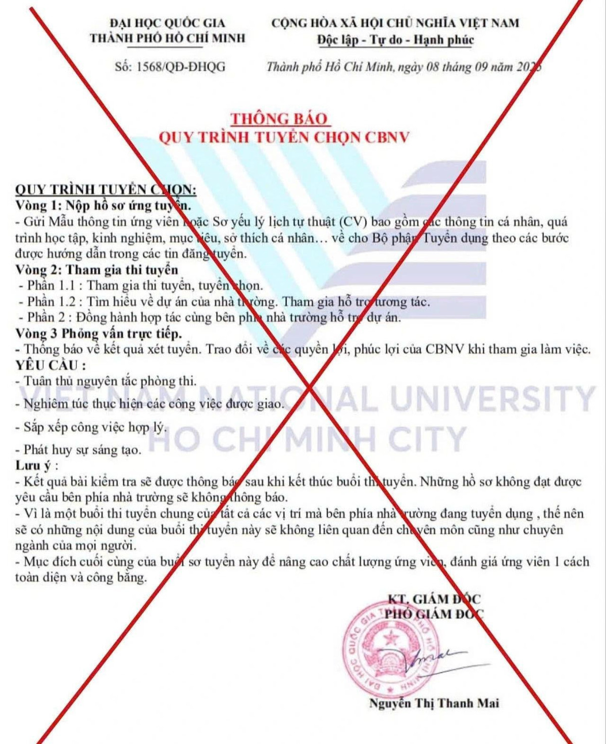 Thông tin tuyển dụng cán bộ nhân viên giả mạo Đại học Quốc gia TPHCM