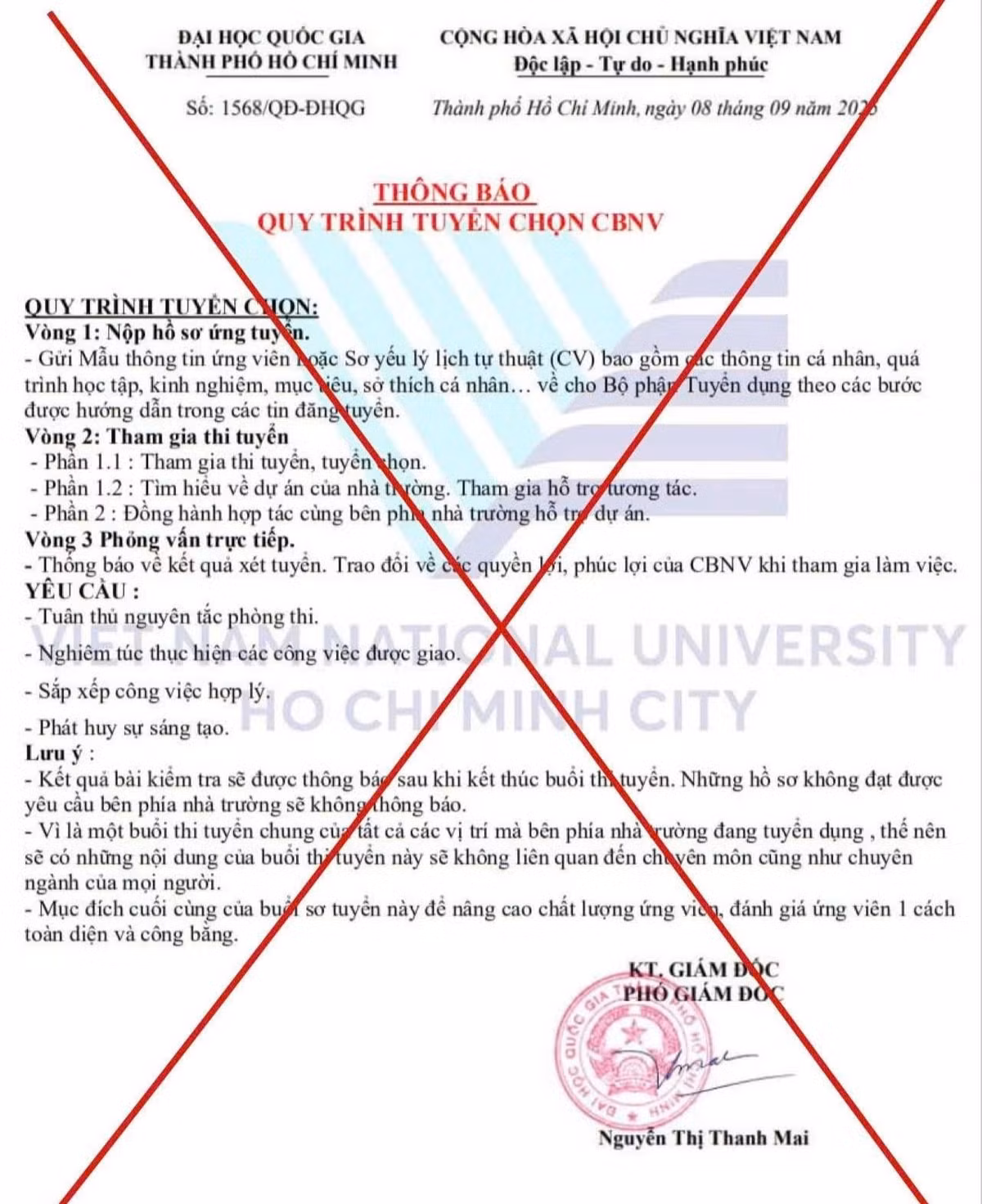 Thông tin tuyển dụng cán bộ nhân viên giả mạo Đại học Quốc gia TPHCM